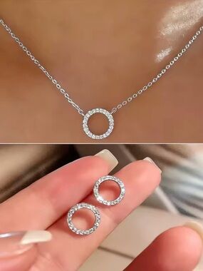 Classic Silver Crystal Circle Necklace and Earring Set - new